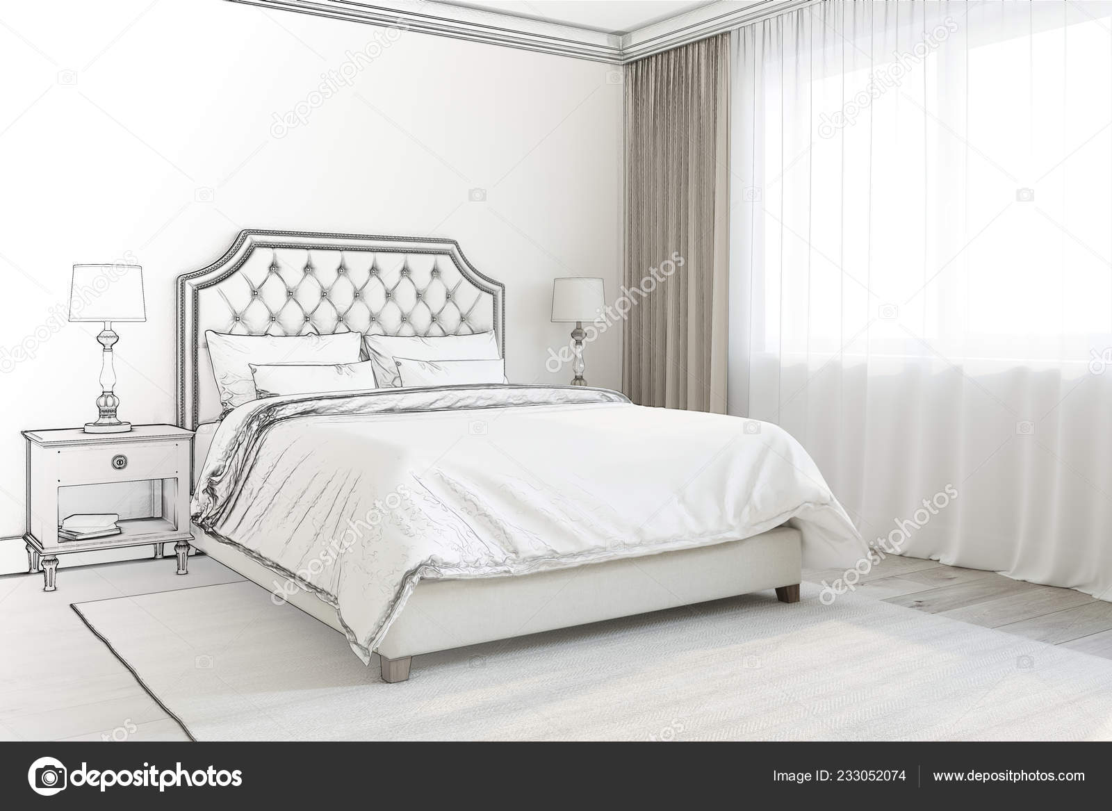 Illustration Sketch Bedroom Become Real Interior Stock