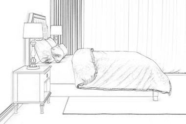 3D çizim. Bir yatak odası taslağını