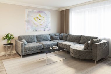 gri bir kanepe ile modern bir oturma odası 3D render 