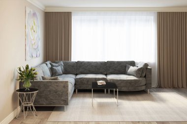 gri bir kanepe ile modern bir oturma odası 3D render 