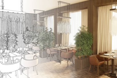 3D çizim. Restoranın kroki çizim gerçek bir iç olur