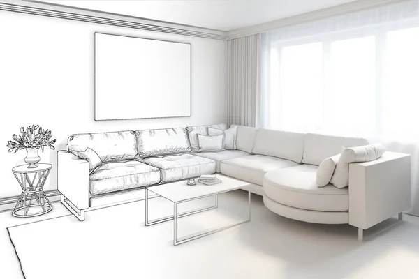 Çizim Beyaz Bir Oturma Odası Kroki Oldu — Stok fotoğraf