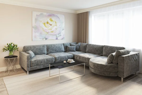 Darstellung Eines Modernen Wohnzimmers Mit Grauem Sofa — Stockfoto