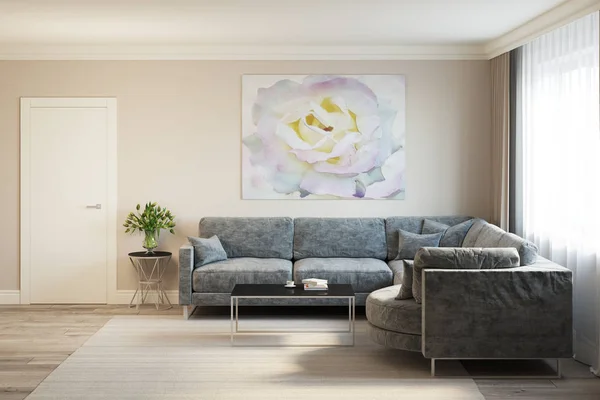 gri bir kanepe ile modern bir oturma odası 3D render 