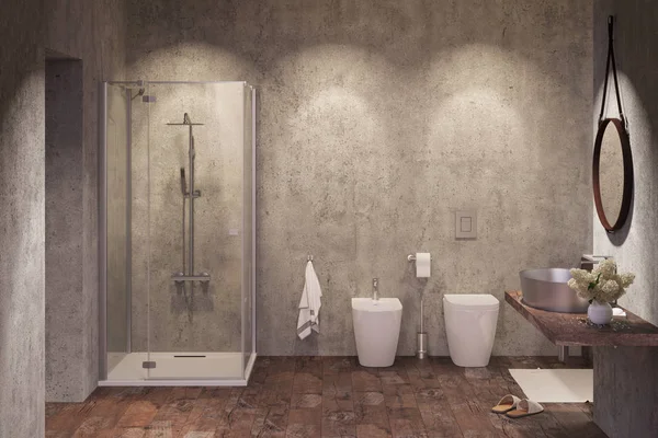 3D resimde akşam sahne ışıkları ile Modern duş odası
