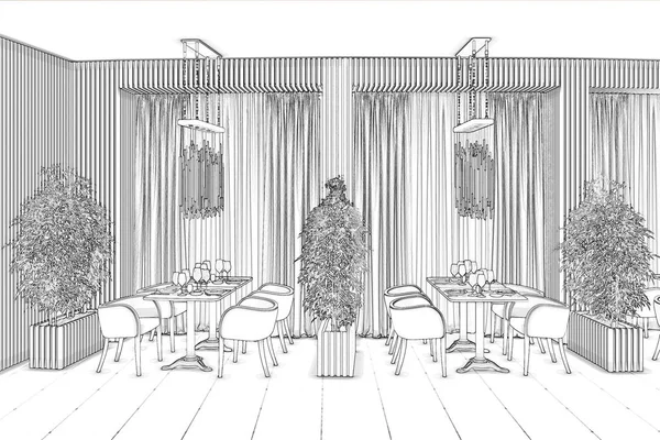 Ilustración Dibujo Boceto Del Restaurante Convierte Verdadero Interior —  Fotos de Stock