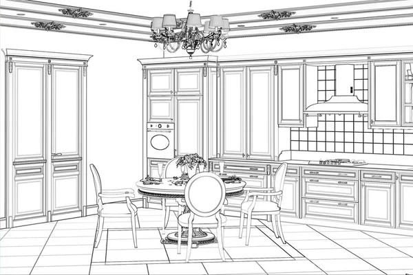 3d illustration. Sketch of kitchen interior