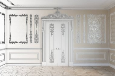 3D çizim. Gerçek iç haline classik kapıyla kroki