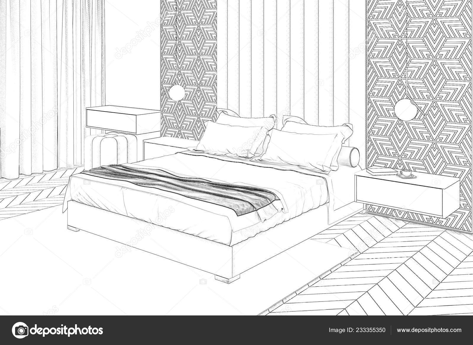 illustration sketch modern bedroom interior — stock photo