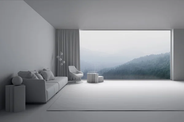 可欣赏雾蒙蒙山脉美景的客厅内部 — 图库照片