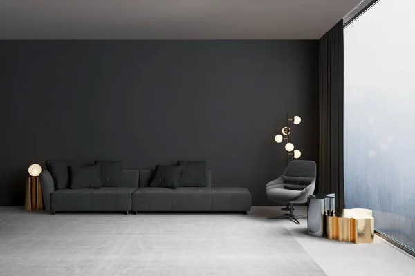 3D çizim. Dağ manzaralı modern oturma odası