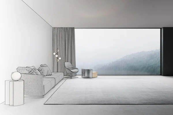 3d illustration. Interior of the living room with view of the misty mountains