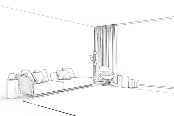 Illustration Sketch Living Room Panoramic Window — Stock Photo, Image