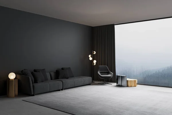 3D çizim. Dağ manzaralı modern oturma odası