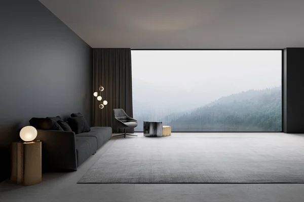 3D çizim. Modern oturma odası dağ manzaralı