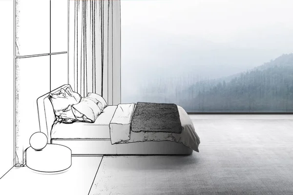 Illustration Croquis Chambre Coucher Transforme Véritable Intérieur — Photo