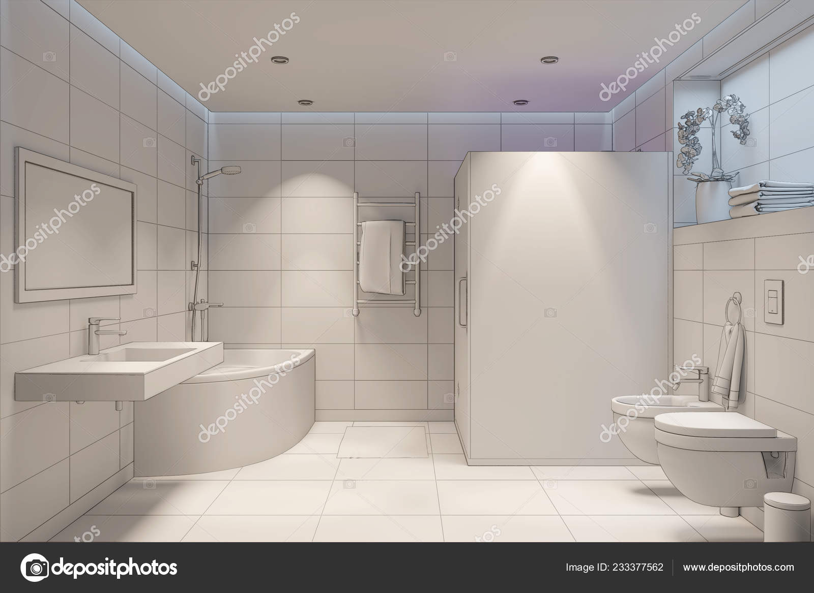 Illustration White Shower Room Overlay Drawing Stock Photo