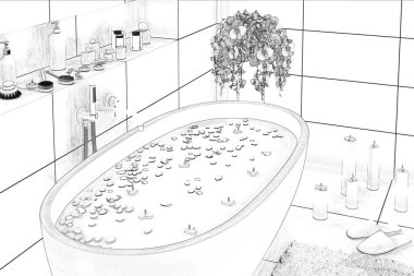 3D çizim. Banyo taslağını