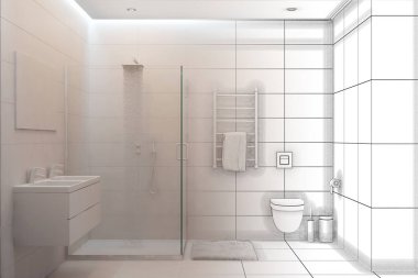 3D çizim. 3d beyaz iç olmak duş taslağını