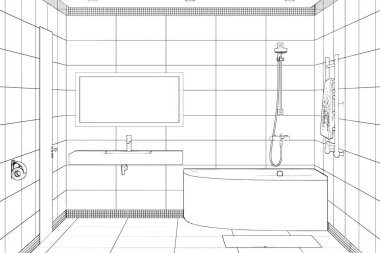 3D çizim. Modern banyo iç taslağını