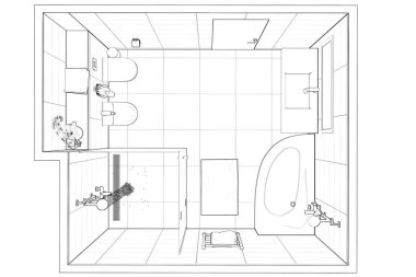 3D çizim. Modern banyo iç taslağını. Üstten görünüm.