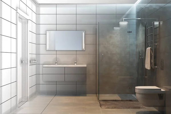 Illustratie Schets Van Een Douche Tot Een Echte Interieur — Stockfoto