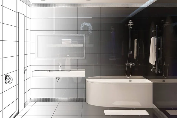 Ilustración Bosquejo Baño Moderno Interior Convierte Verdadero Interior — Foto de Stock