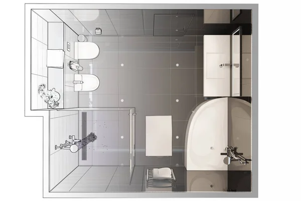 3D çizim. Modern banyo iç taslağını gerçek bir iç içine döner. Üstten görünüm.