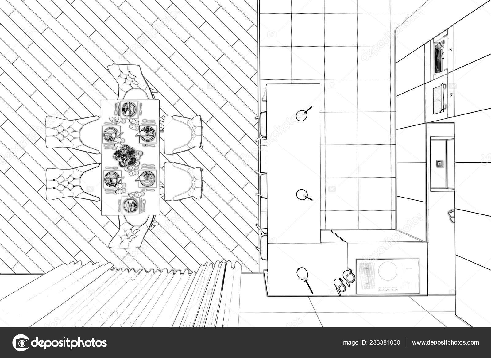 Illustration Sketch Modern Dining Room Top View Stock