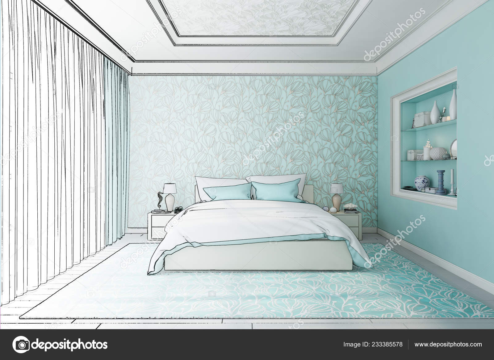 Illustration Sketch Bedroom Turns Real Interior Stock