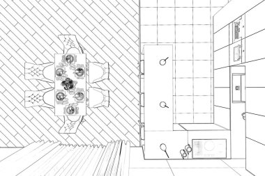 3D çizim. Modern yemek odası taslağını. Üstten görünüm