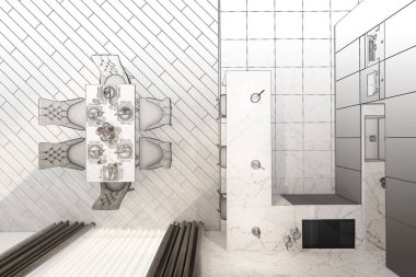 3D çizim. Modern yemek odası taslağını gerçek bir iç içine döner. Üstten görünüm