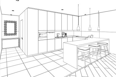 3D çizim. Robot resmini modern yemek odası
