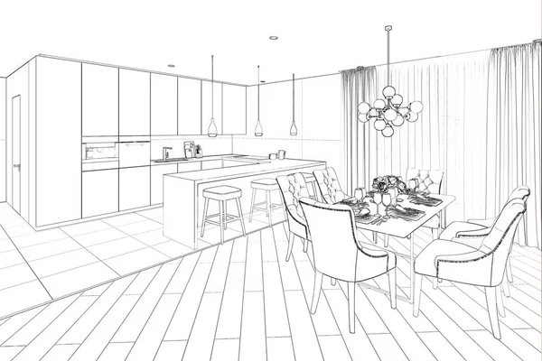 Illustration Sketch Modern Dining Room — Stock Photo, Image