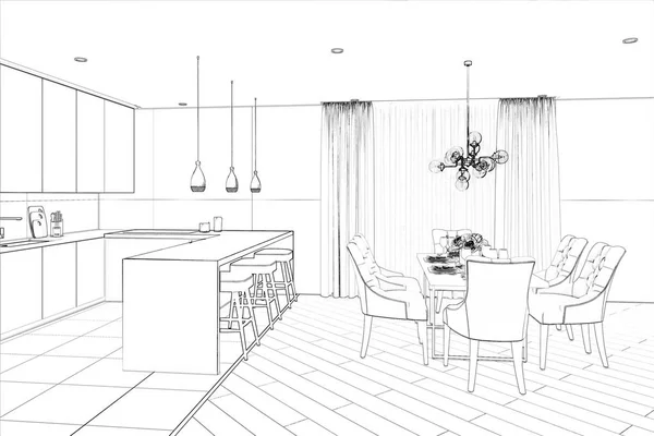 Illustration Sketch Modern Dining Room — Stock Photo, Image