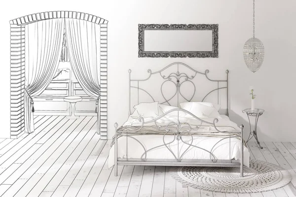 Ilustracja Szkic Białe Wnętrza Sypialni Staje Się Prawdziwe Wnętrze — Zdjęcie stockowe