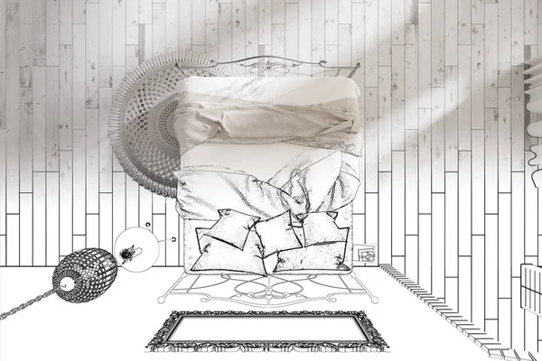 Illustration Wird Die Skizze Des Weißen Schlafzimmers Wirklichkeit Ansicht Von — Stockfoto