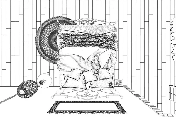 Illustration Die Skizze Des Weißen Schlafzimmers Wird Wirklichkeit — Stockfoto