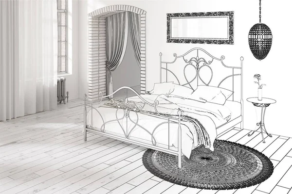 Illustration Skizze Des Weißen Schlafzimmers Wird Einem Echten Interieur — Stockfoto