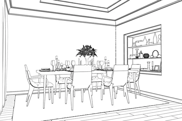 3d illustration. The sketch of the dining room