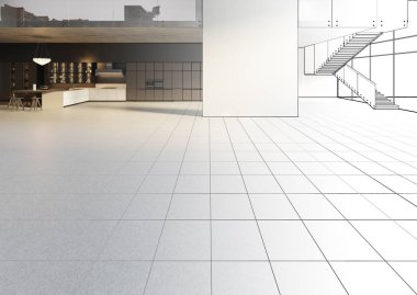 3D çizim. Loft daireler taslağını gerçek bir iç olur