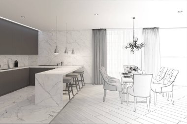 3D çizim. Modern yemek odası taslağını gerçek bir iç içine döner