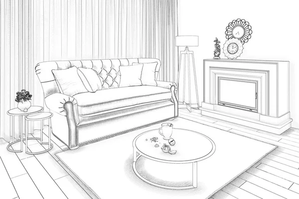 Illustration Sketch Cozy Beige Living Room — Stockfoto