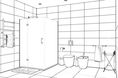 3D çizim. Modern banyo taslağını