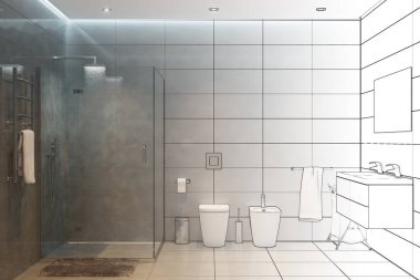 Üç boyutlu çizimler. Modern duşların eskizi gerçek bir iç mekan haline geliyor.
