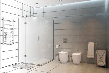Üç boyutlu çizimler. Modern duşların eskizi gerçek bir iç mekan haline geliyor.
