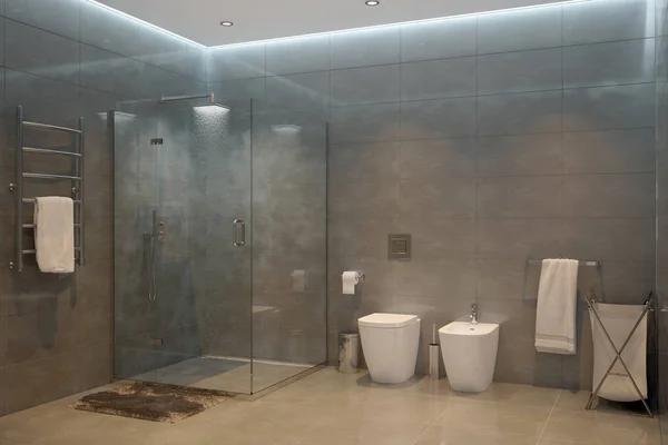 3 boyutlu illüstrasyon. Gri modern duş odası Akşamüstü 1