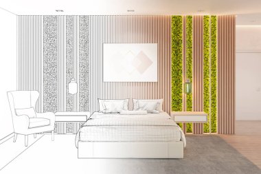 Robot resim, modern bir çevre tarzı yatak odasına dönüştürüldü. Ahşap bir duvarda yatay bir poster, arka ışıklandırılmış yosun, lambalı iki komodin ve rahat bir koltuğu vardı. Ön görünüm... 3D görüntüleme