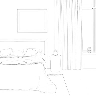 Yatak odasındaki çarşafın çizimi, yatak başlığının üstündeki yatay poster. Bir çalar saat, perdeli bir pencereyle yatak arasındaki bir kütüğün üzerinde durur. Modelleme. 3d hazırlayıcı