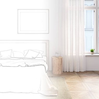 Eskiz, yatak odasının üzerinde doğal çarşaflar ve yatak başlığının üstünde yatay bir poster olan gerçek bir yatak odasına dönüşüyor. Çalar saat yatak ile çarşaf perdeli pencere arasındaki bir kütükte durur. 3d hazırlayıcı